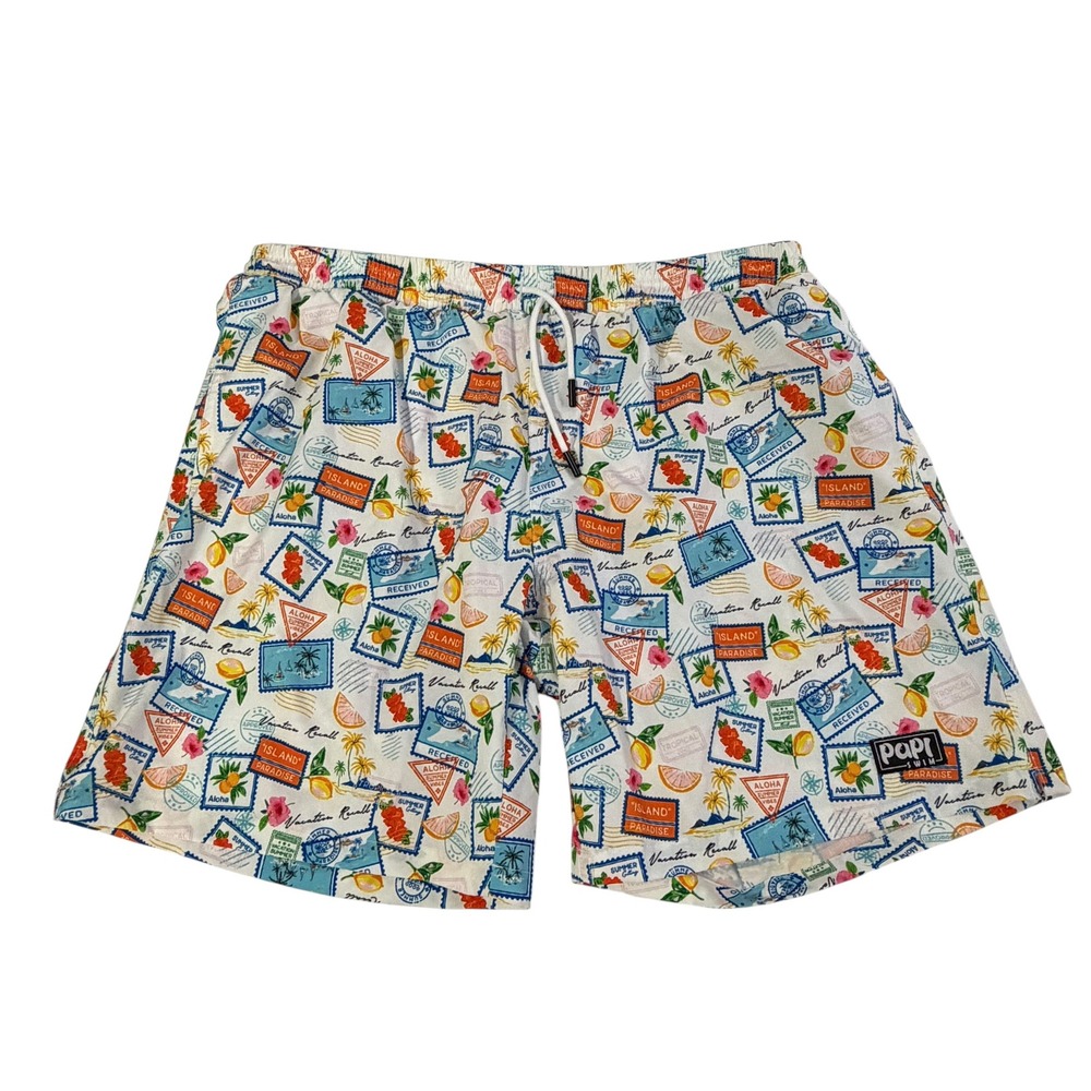 Papi Swim Men XXL White Tropical Postcard Stamp Print Swim Trunks Mesh Lined